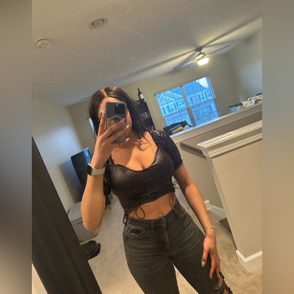 Miss Selfie faux leather black crop top, size small